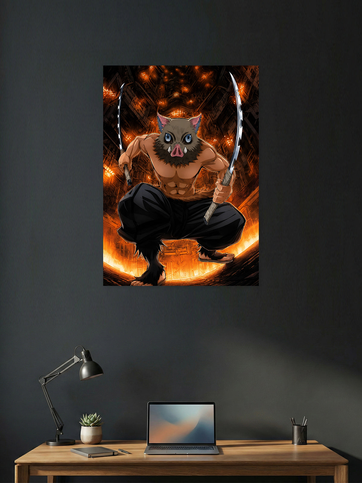 Inosuke Hashibira Beast Breathing Demon Slayer anime wall poster featuring dual Nichirin blades with premium HD artwork for bedroom, gaming room, office, and anime room decor.