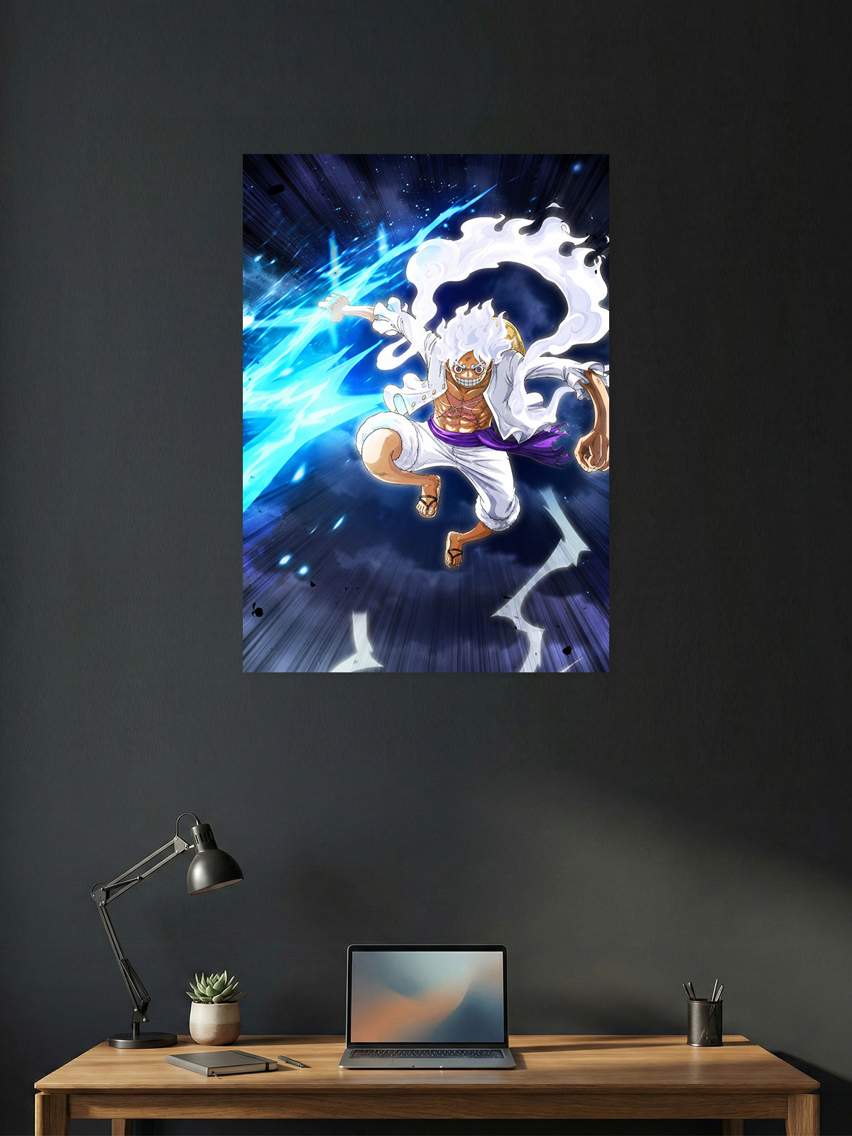 Gear 5 Monkey D. Luffy One Piece anime wall poster featuring Sun God Nika transformation with premium HD artwork for bedroom, gaming room, office, and anime room decor.