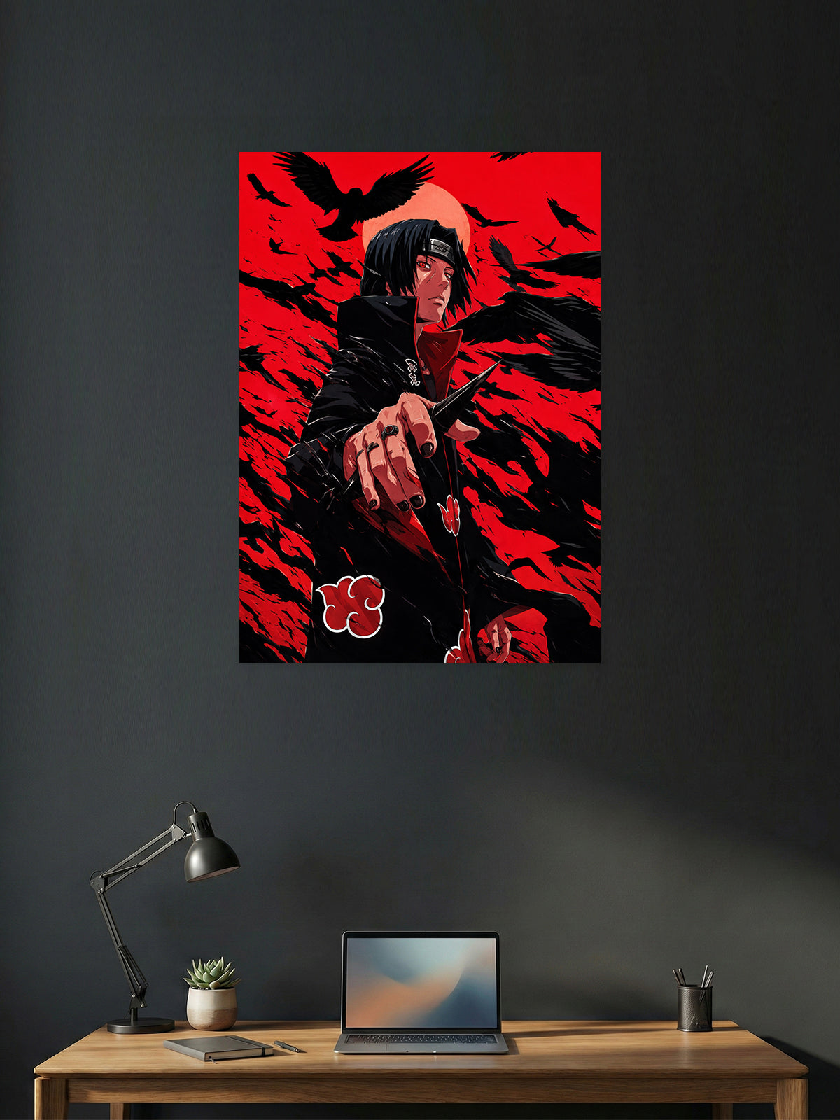 Itachi Uchiha Akatsuki Naruto Shippuden anime wall poster featuring Sharingan, crows, and premium HD artwork for bedroom, gaming room, office, and anime room decor.