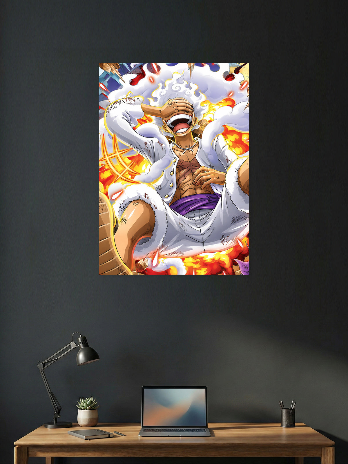 Gear 5 Monkey D. Luffy laughing One Piece anime wall poster featuring Sun God Nika transformation with premium HD artwork for bedroom, gaming room, office, and anime room decor.