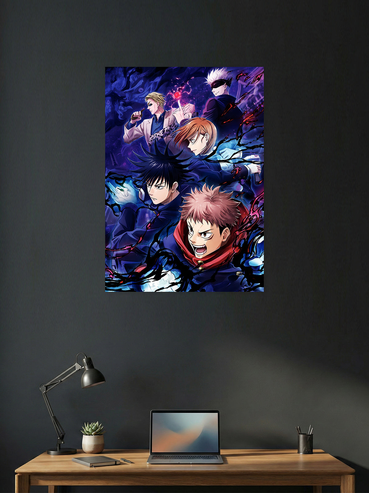 Jujutsu Kaisen anime wall poster featuring Yuji Itadori, Satoru Gojo, Megumi Fushiguro, Nobara Kugisaki, and Kento Nanami with premium HD artwork for bedroom, gaming room, office, and anime room decor.
