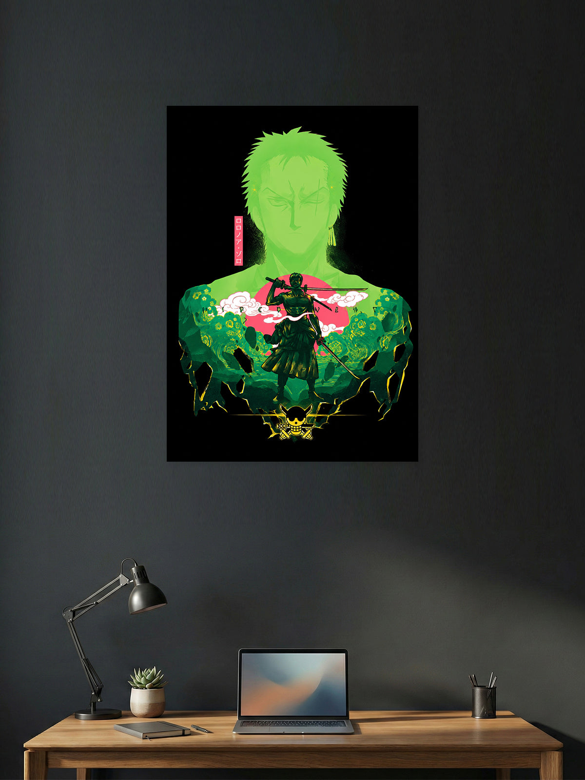 Minimalist Roronoa Zoro One Piece anime poster featuring the legendary swordsman with Three Sword Style inspired artwork in premium HD quality for bedroom, gaming room, office, and anime wall decor.