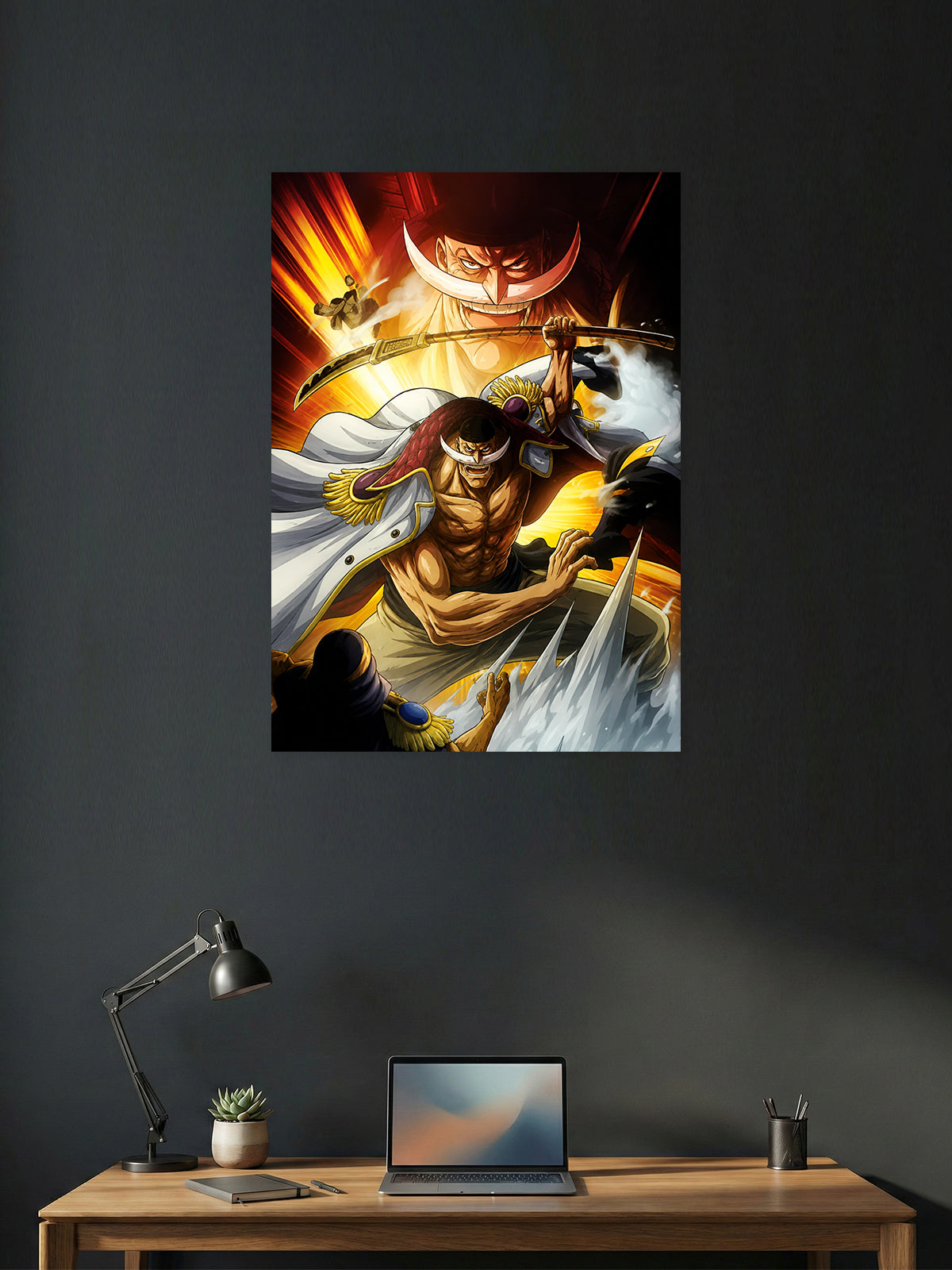 Premium Edward Newgate Whitebeard One Piece anime poster featuring the legendary captain wielding his bisento in an epic battle scene with cinematic lighting, perfect for anime wall decor, gaming rooms, bedrooms, and offices.