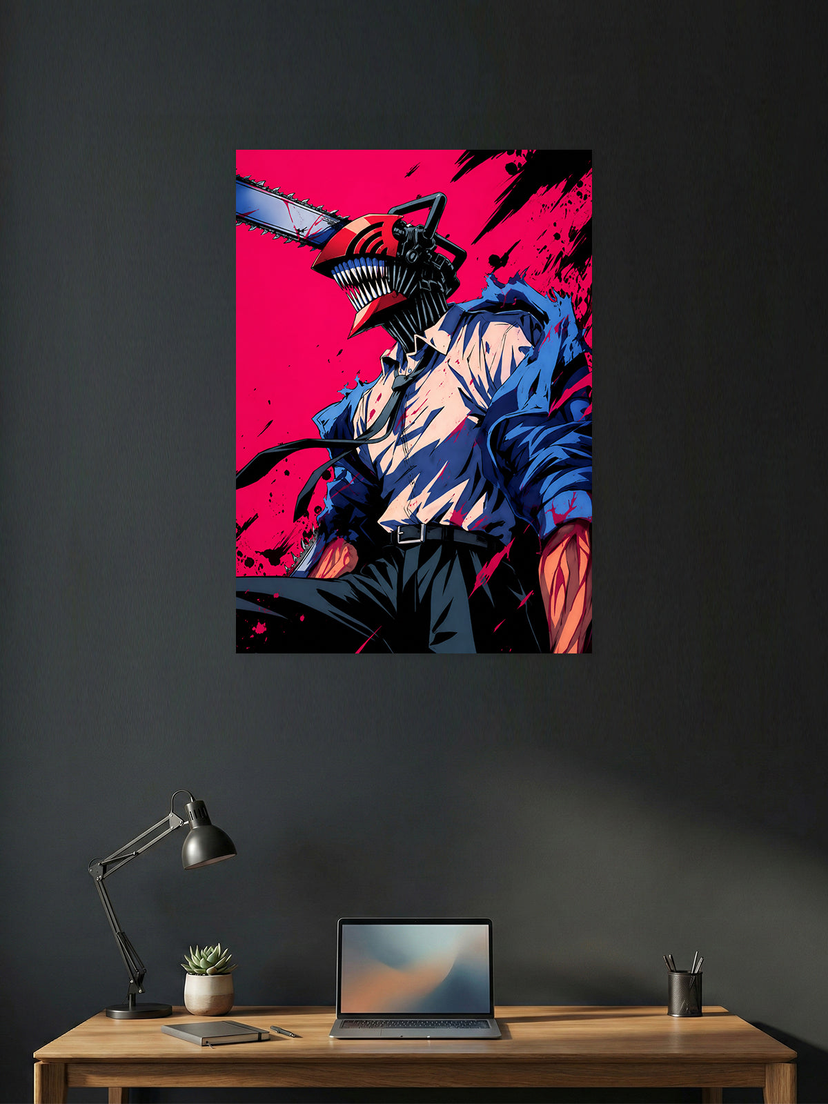 Premium Chainsaw Man anime poster featuring Denji in his Chainsaw Man transformation against a bold crimson background in vibrant HD artwork, perfect for gaming rooms, bedrooms, offices, and anime collections.