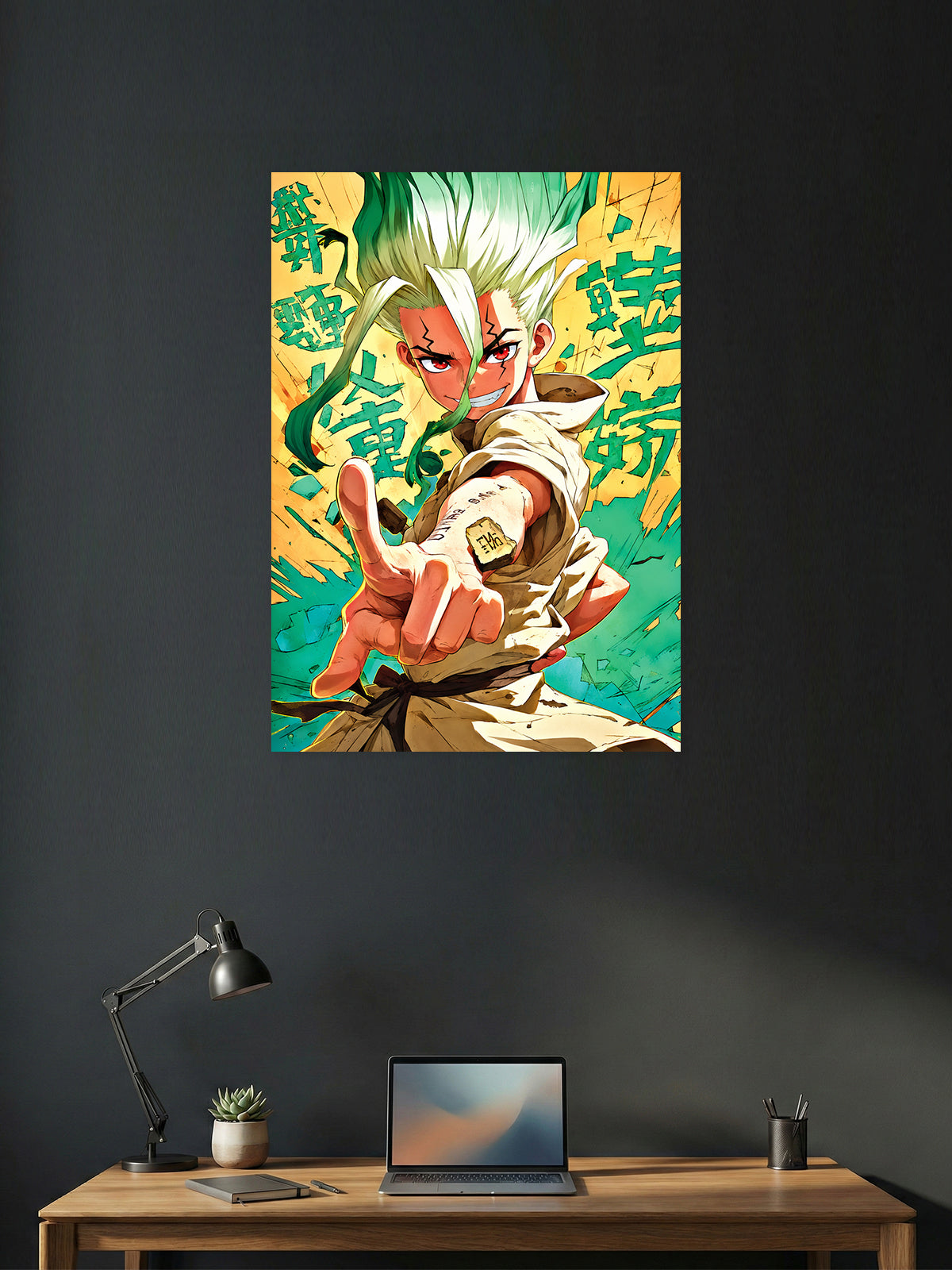 Premium Dr. STONE anime poster featuring Senku Ishigami in vibrant HD artwork, perfect for bedrooms, gaming rooms, study spaces, offices, and anime wall decor.