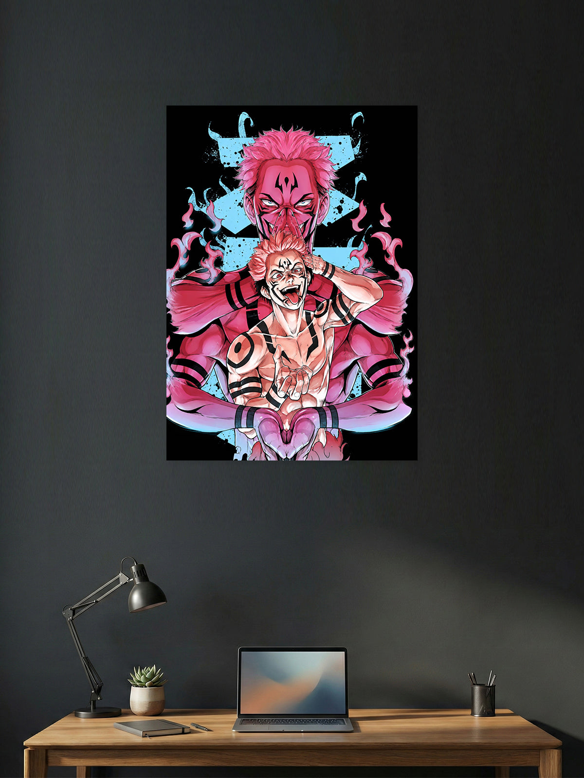 Premium Jujutsu Kaisen anime poster featuring Ryomen Sukuna in dual form with cursed markings, pink flames, and bold manga-inspired artwork, ideal for gaming room décor and anime wall art.