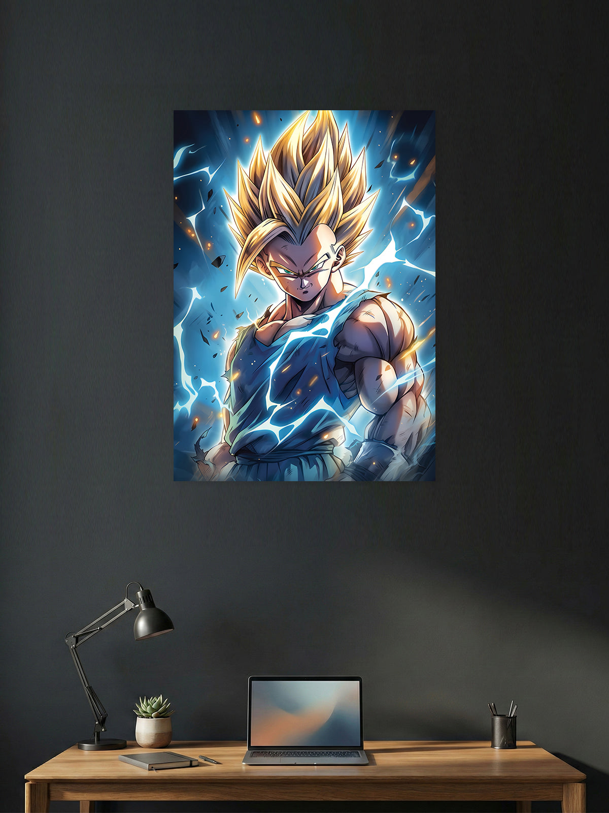 Premium Dragon Ball Z anime poster featuring Super Saiyan Gohan with glowing golden hair, blue lightning aura, and intense expression, printed in vibrant HD quality for gaming rooms, bedrooms, and anime wall décor.