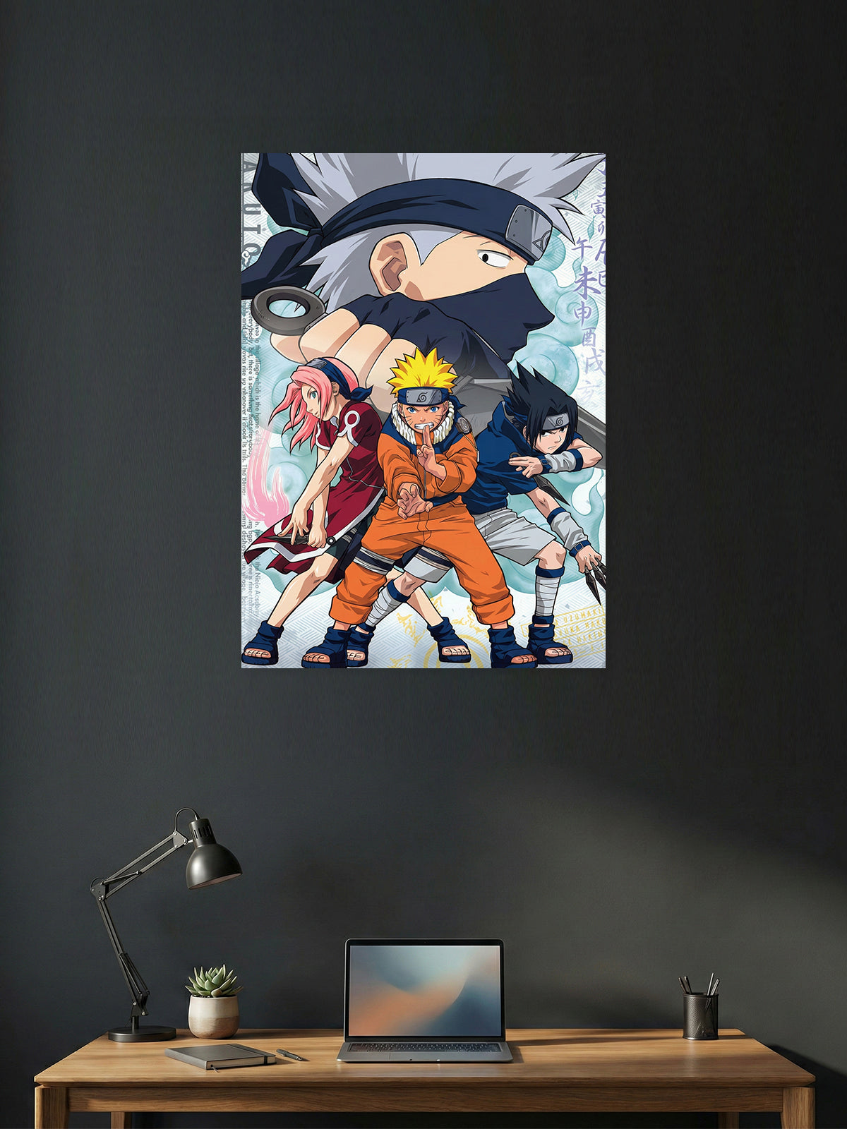 Premium Naruto anime poster featuring Team 7 with Naruto Uzumaki, Sasuke Uchiha, Sakura Haruno, and Kakashi Hatake in vibrant HD quality for bedroom, gaming room, and anime wall décor.