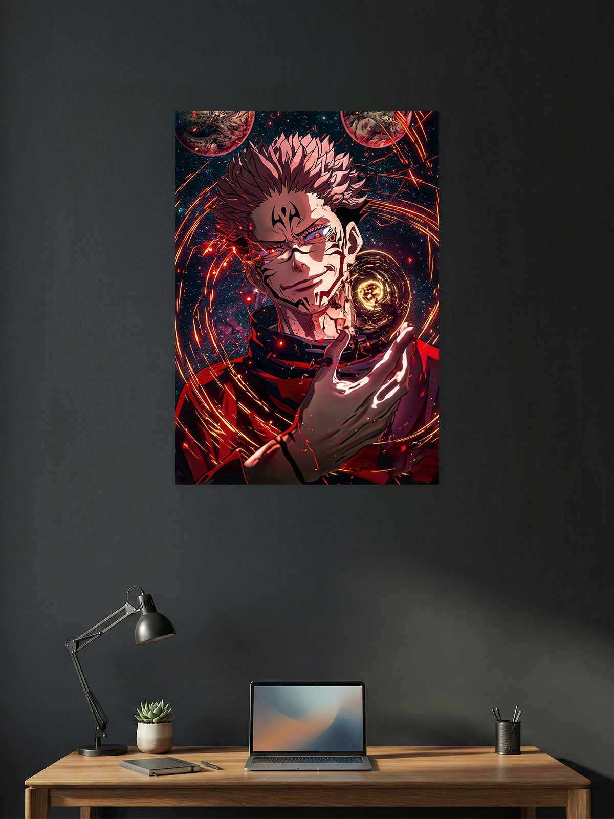 Premium Ryomen Sukuna Jujutsu Kaisen anime poster featuring the King of Curses with glowing cursed energy and cosmic effects in high-definition wall art for bedroom, gaming room, and office décor.