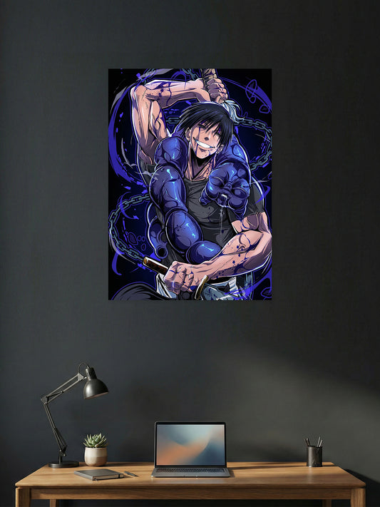 Premium Toji Fushiguro Jujutsu Kaisen anime poster featuring the Sorcerer Killer with his cursed spirit and Inverted Spear of Heaven in vibrant HD quality for bedroom, gaming room, and office wall décor.