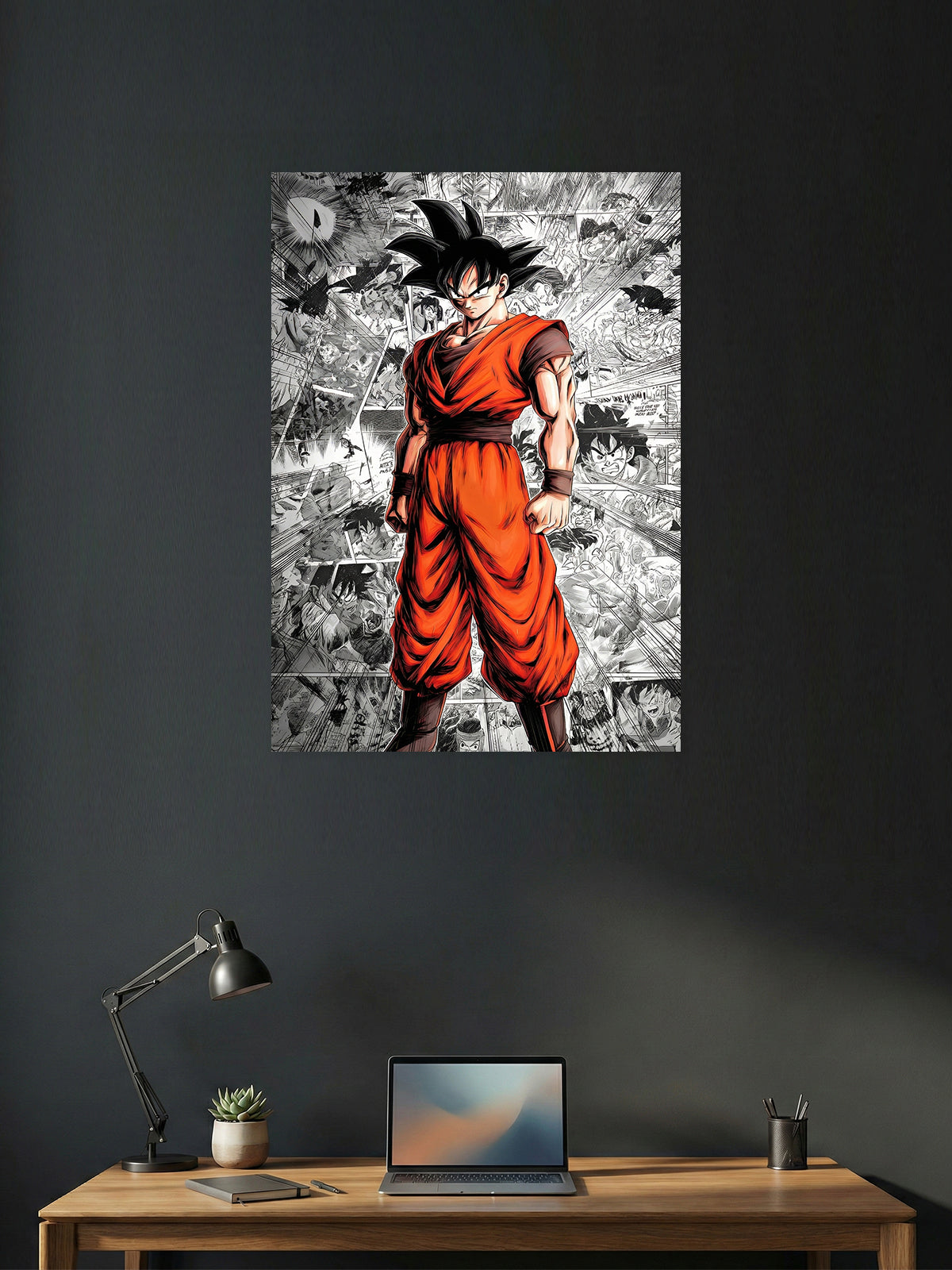 Premium Son Goku Dragon Ball anime poster featuring Goku in his iconic orange gi with a black-and-white manga panel background in high-definition wall art for bedroom, gaming room, and office décor.