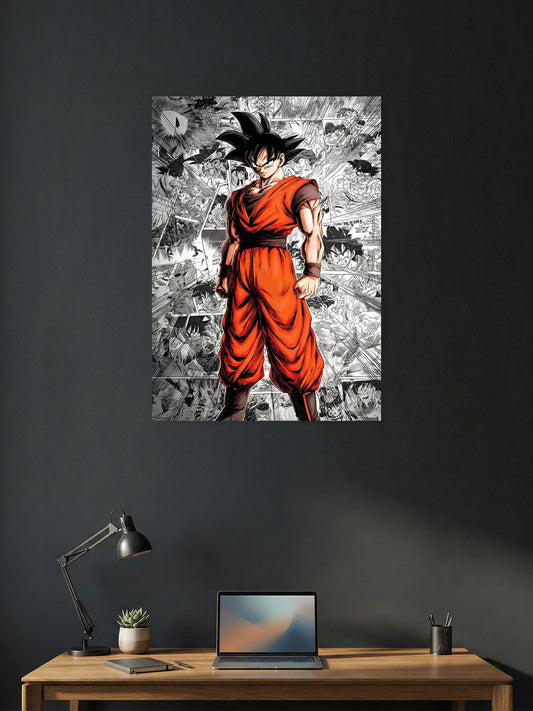 Premium Son Goku Dragon Ball anime poster featuring Goku in his iconic orange gi with a black-and-white manga panel background in high-definition wall art for bedroom, gaming room, and office décor.