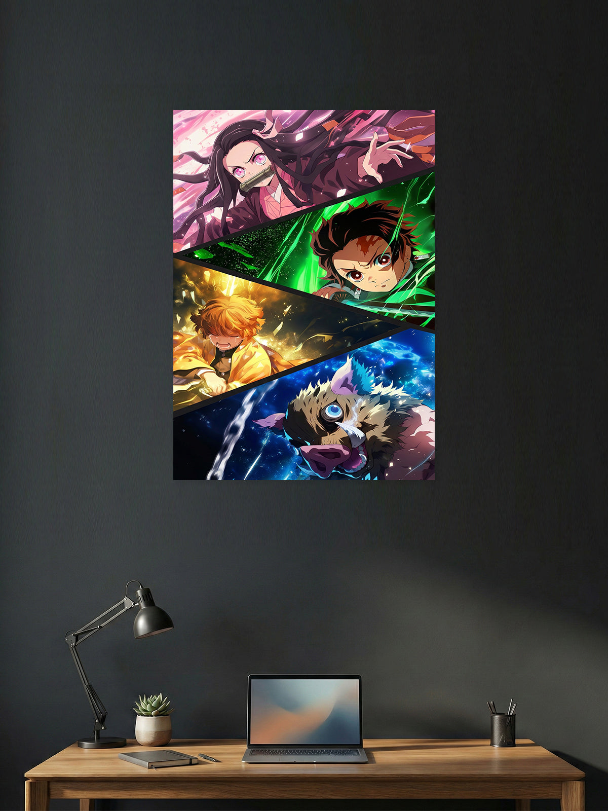 Premium Demon Slayer anime poster featuring Tanjiro Kamado, Nezuko Kamado, Zenitsu Agatsuma, and Inosuke Hashibira in a vibrant split-panel design for gaming room and bedroom wall décor.