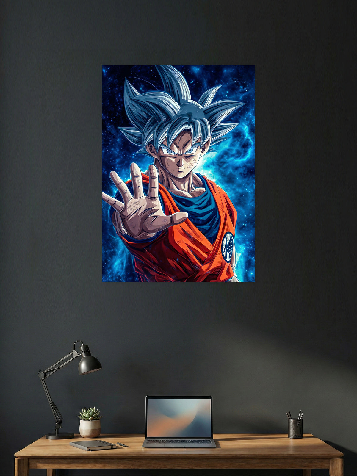 Premium Ultra Instinct Goku anime poster from Dragon Ball Super featuring silver-haired Goku with a cosmic blue aura, perfect for gaming room, bedroom, and anime wall décor.