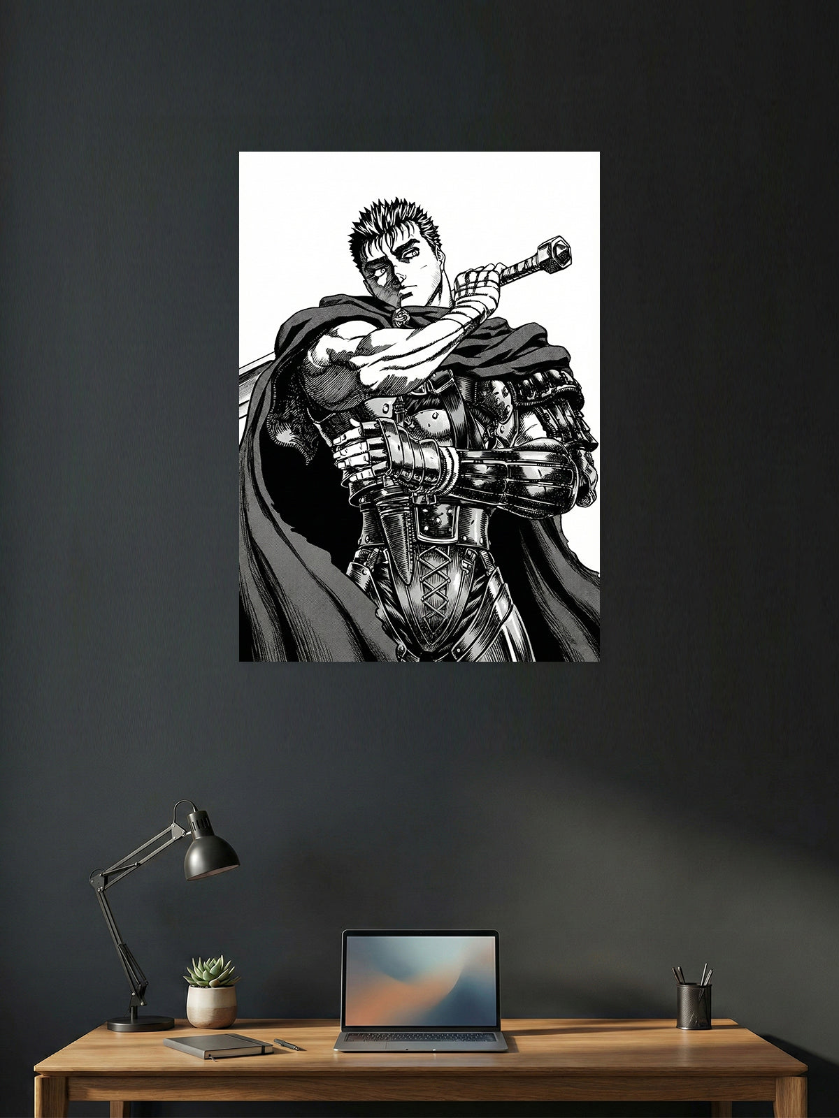 Premium Berserk manga poster featuring Guts carrying his massive sword in a detailed black-and-white illustration, perfect for gaming room, bedroom, office, and anime wall décor.