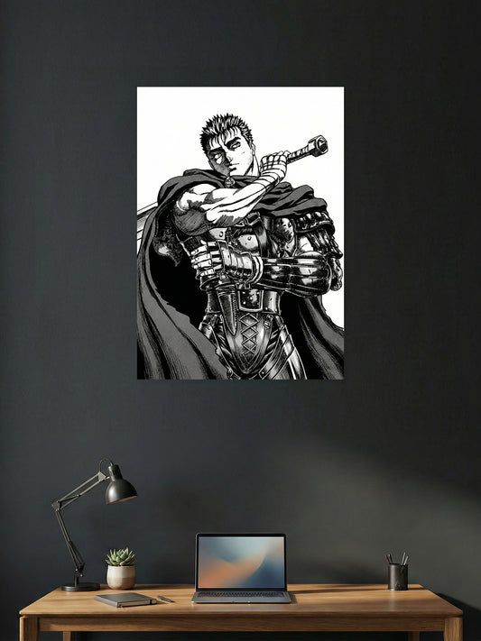 Premium Berserk manga poster featuring Guts carrying his massive sword in a detailed black-and-white illustration, perfect for gaming room, bedroom, office, and anime wall décor.