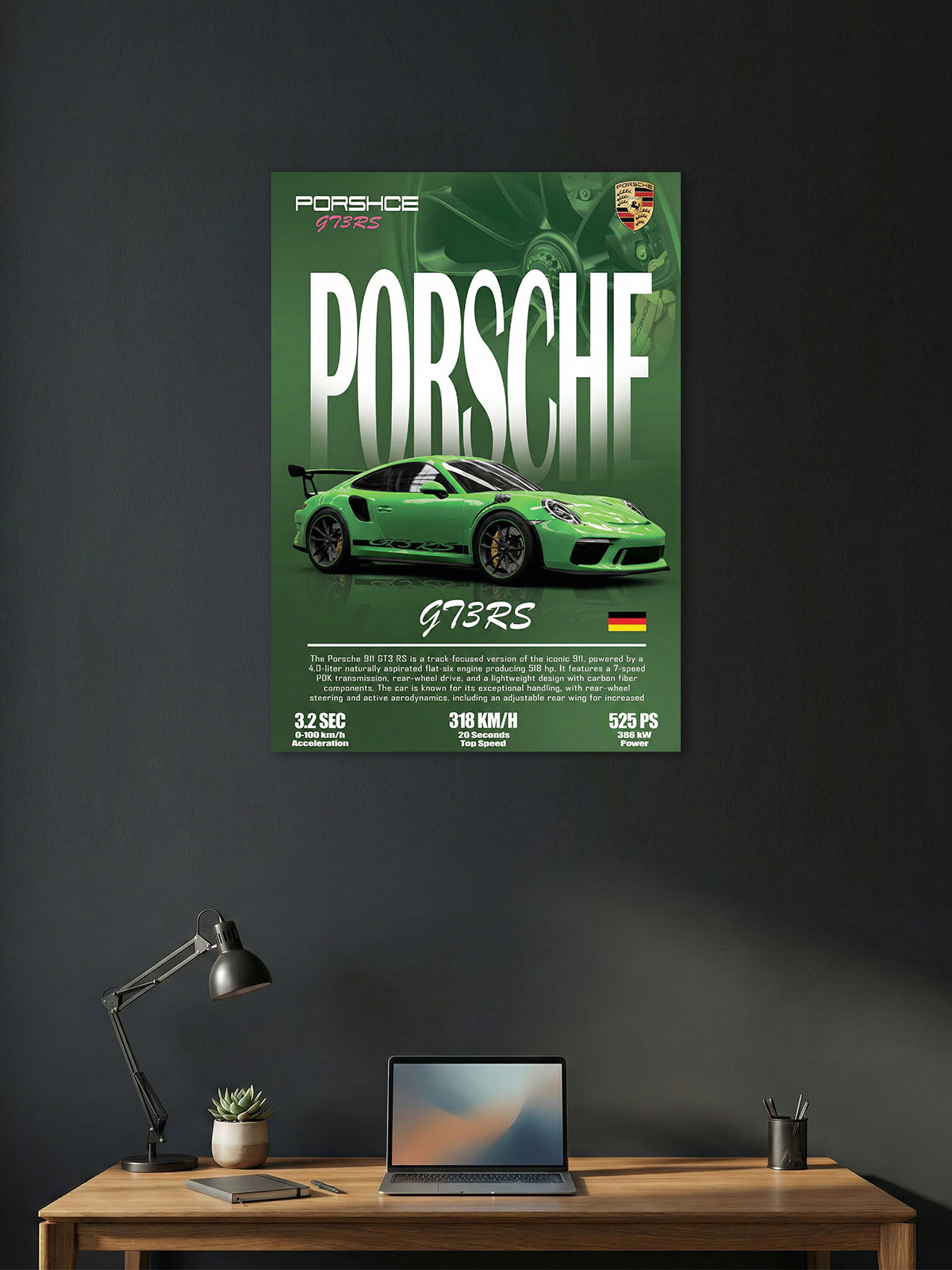 Porsche 911 GT3 RS Wall Poster – Green Track Performance Art