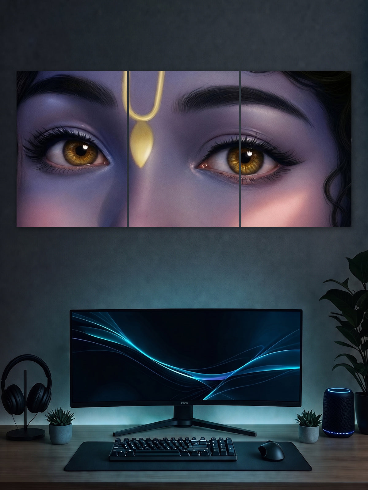 Shree Krishna Eyes Split Poster – Divine Spiritual Wall Art (3 Panel)