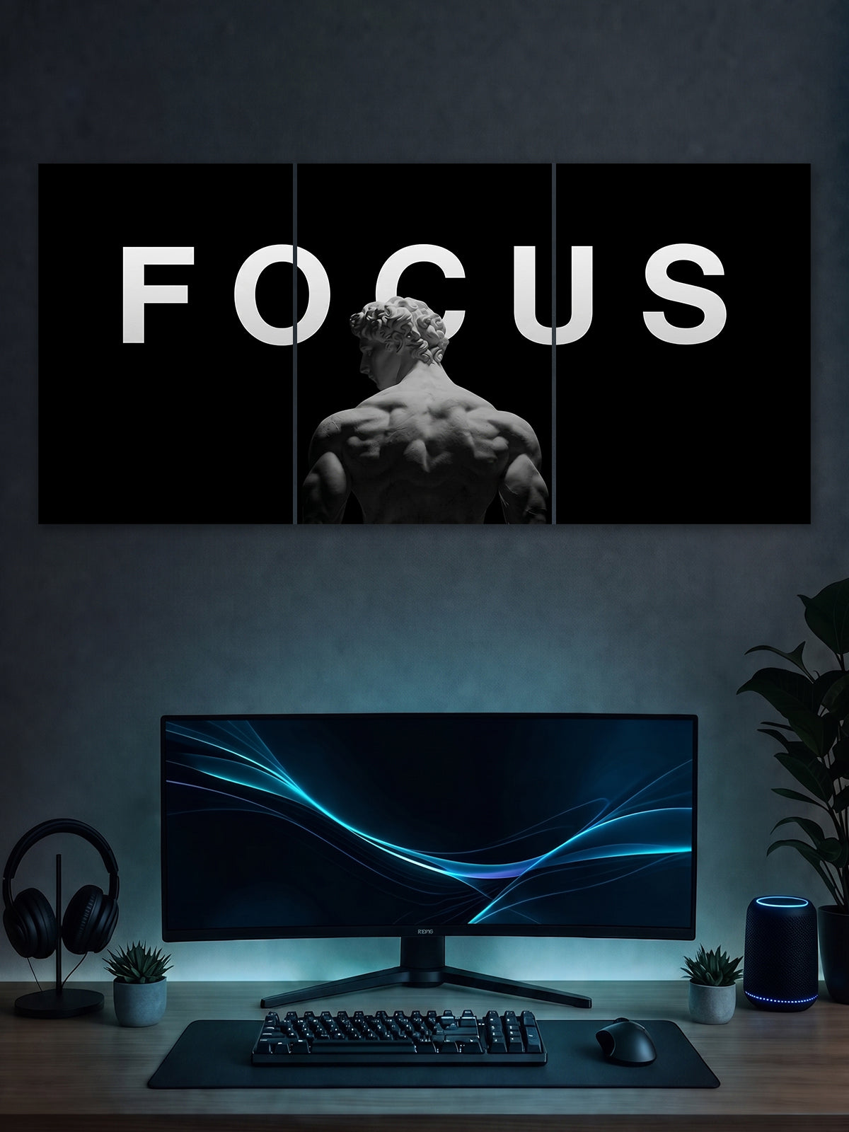Focus Mindset Split Poster – Minimal Sculpture Aesthetic Wall Art (3 Panel)