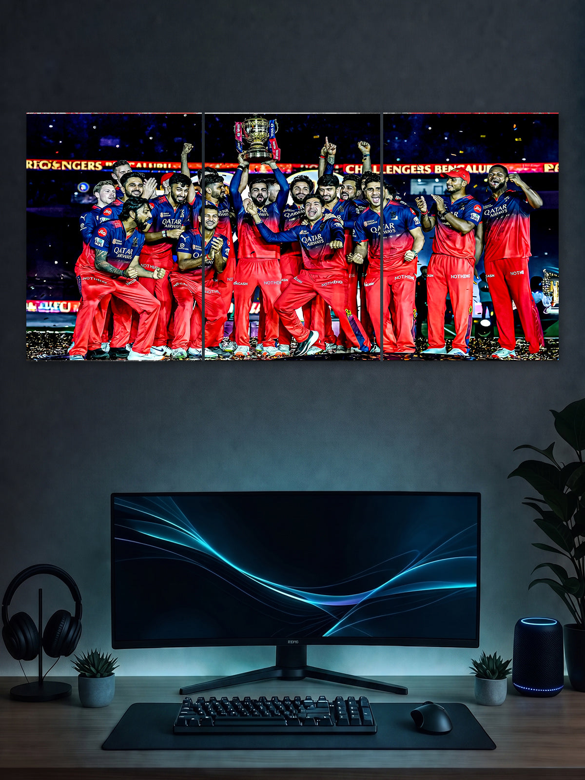 Royal Challengers Bangalore Champions Split Poster – RCB IPL Trophy Celebration Wall Art (3 Panel)