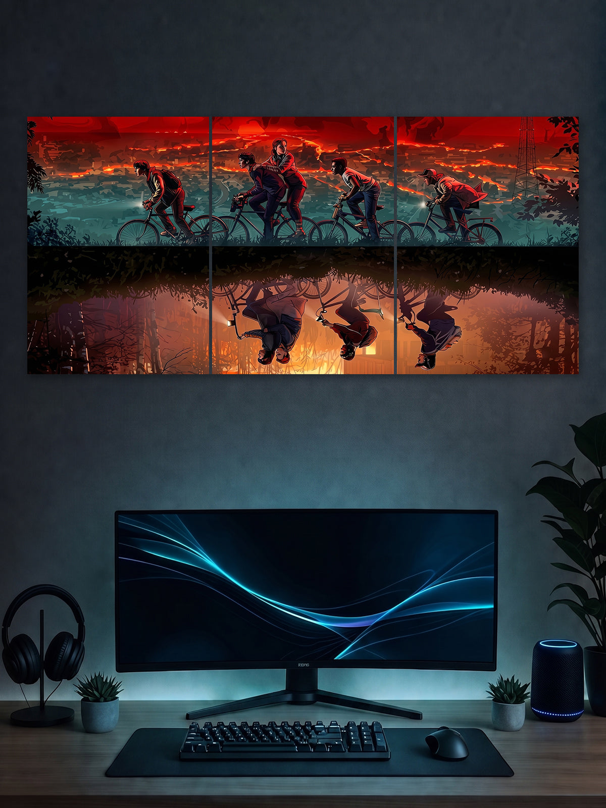 Stranger Things Bike Ride Split Poster – Upside Down Scene Wall Art (3 Panel)