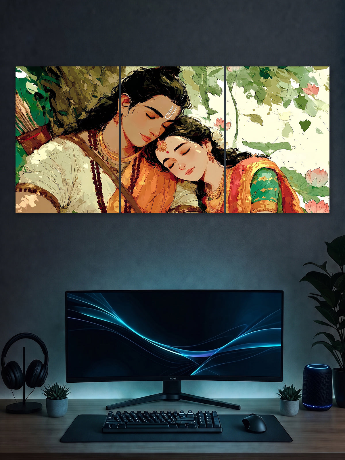 Ram Sita Divine Love Split Poster – Shri Ram & Mata Sita Wall Art (3 Panel)