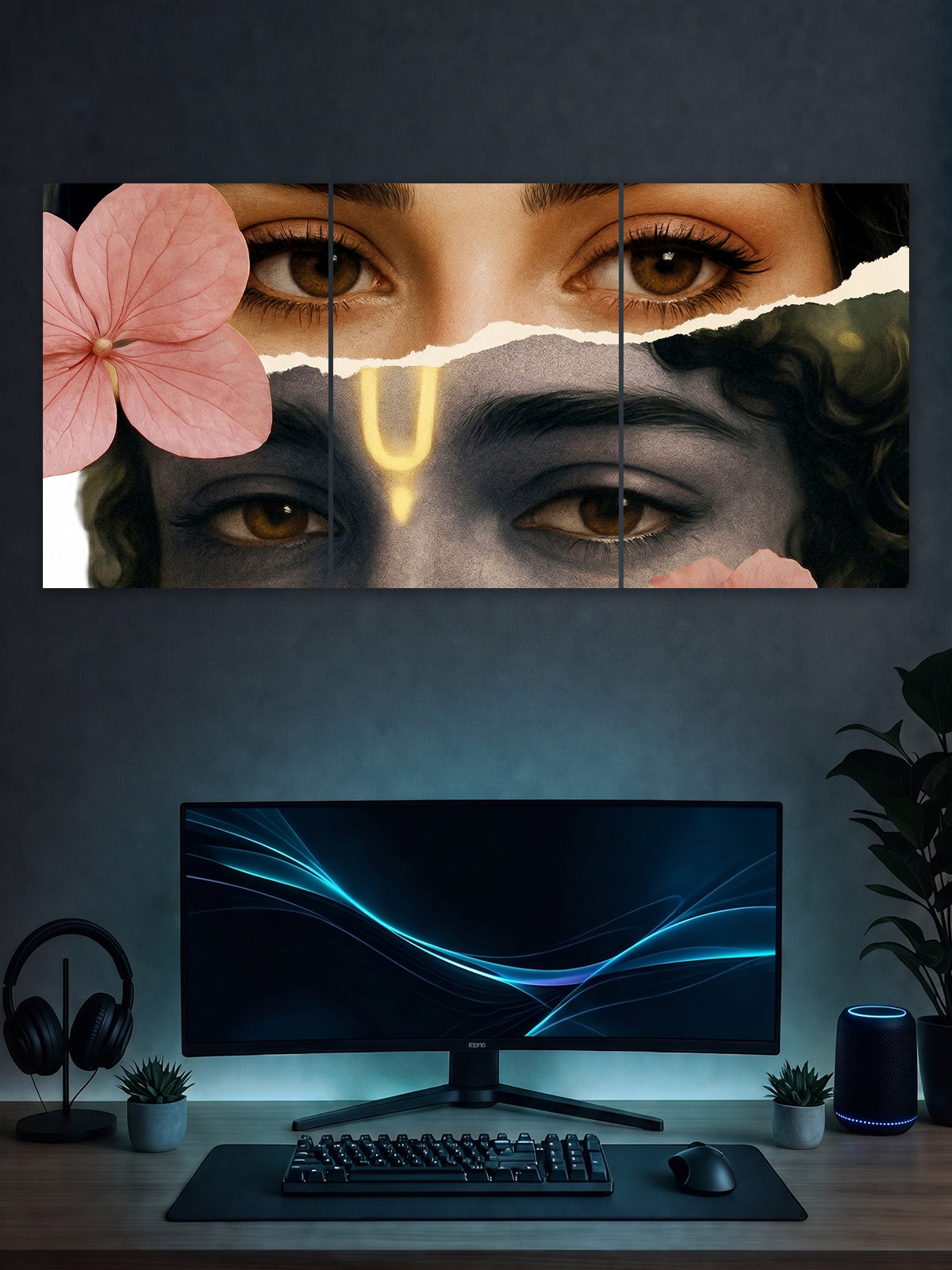 Radha Krishna Eyes Fusion Poster – Divine Love Aesthetic Wall Art (3 Panel)