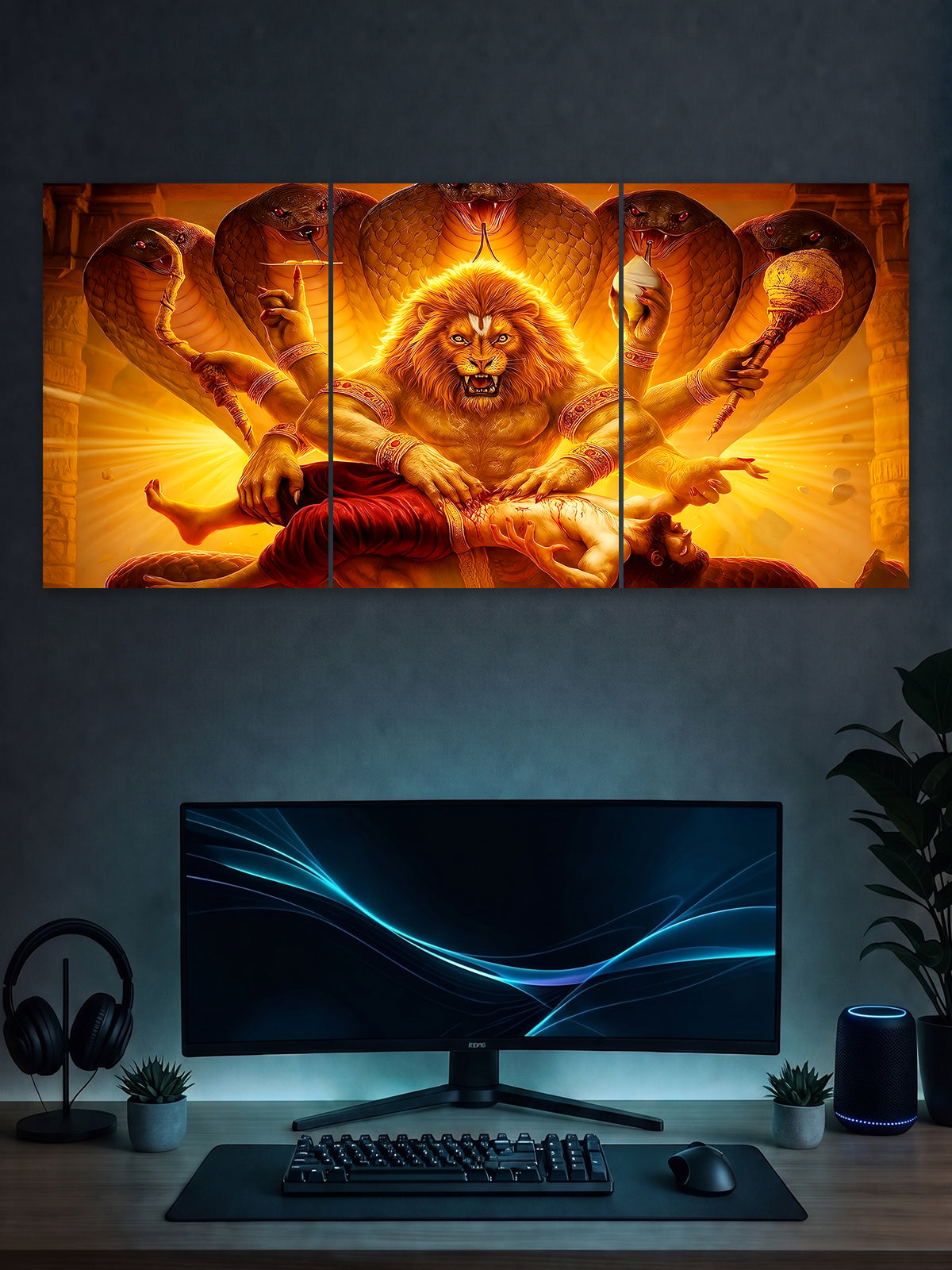 Narasimha Avatar Poster – Vishnu Divine Fury Wall Art (3 Panel)