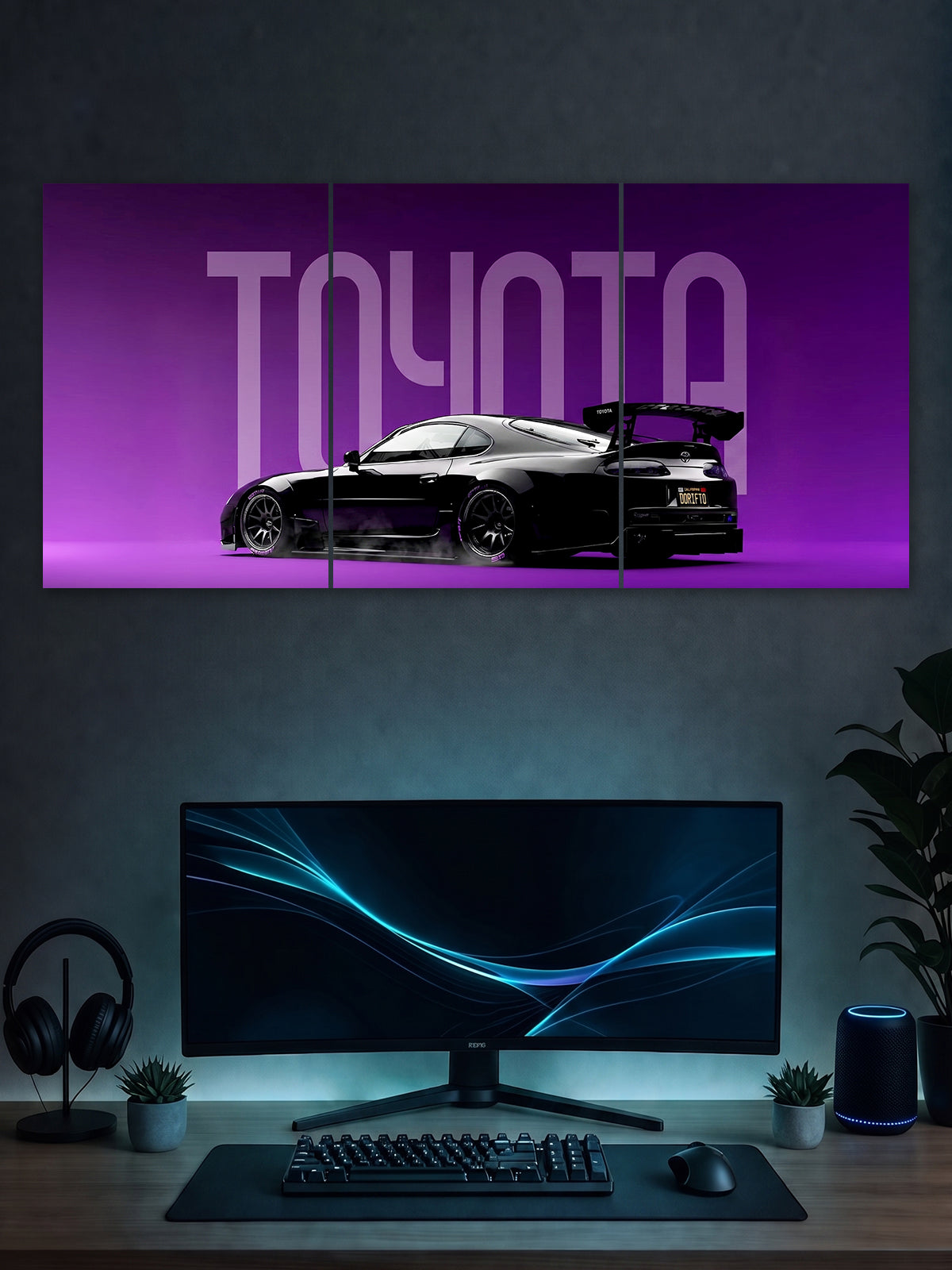Toyota Supra Drift Poster – JDM Sports Car 3 Panel Wall Art (Purple Edition)