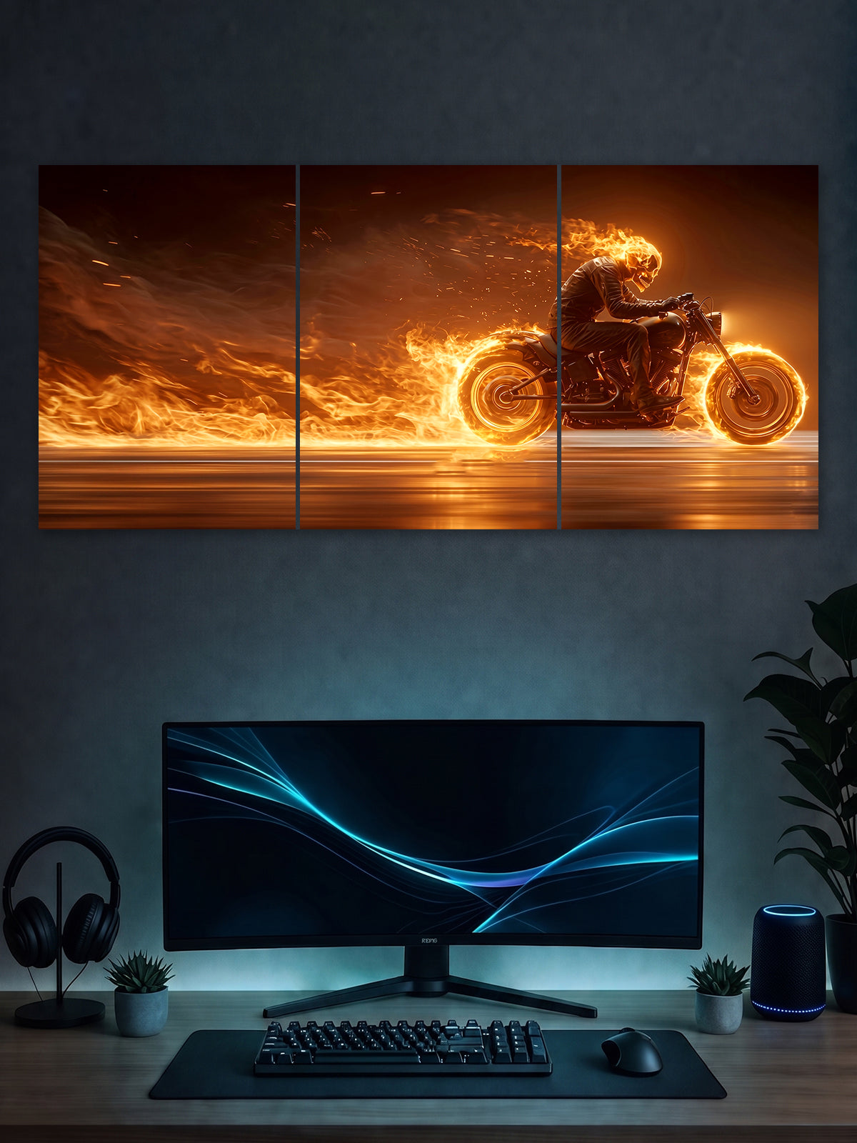 Flaming Rider Motorcycle Poster – Fire Bike 3 Panel Wall Art (Cinematic Action Style)
