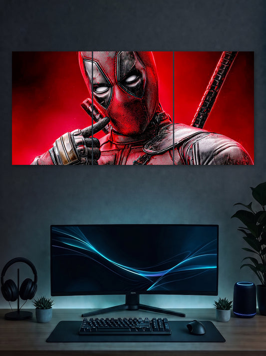 Deadpool Close-Up Red Poster – Bold Comic Superhero 3 Panel Wall Art