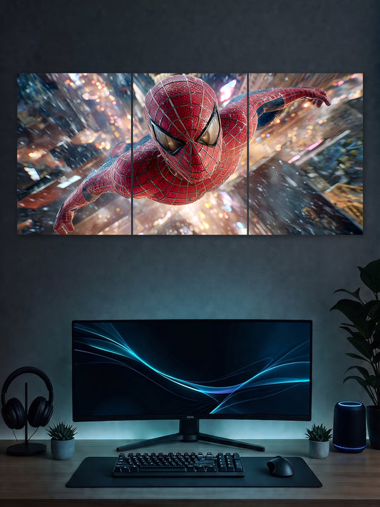 Spider-Man Swing Action Poster – Cinematic Superhero 3 Panel Wall Art