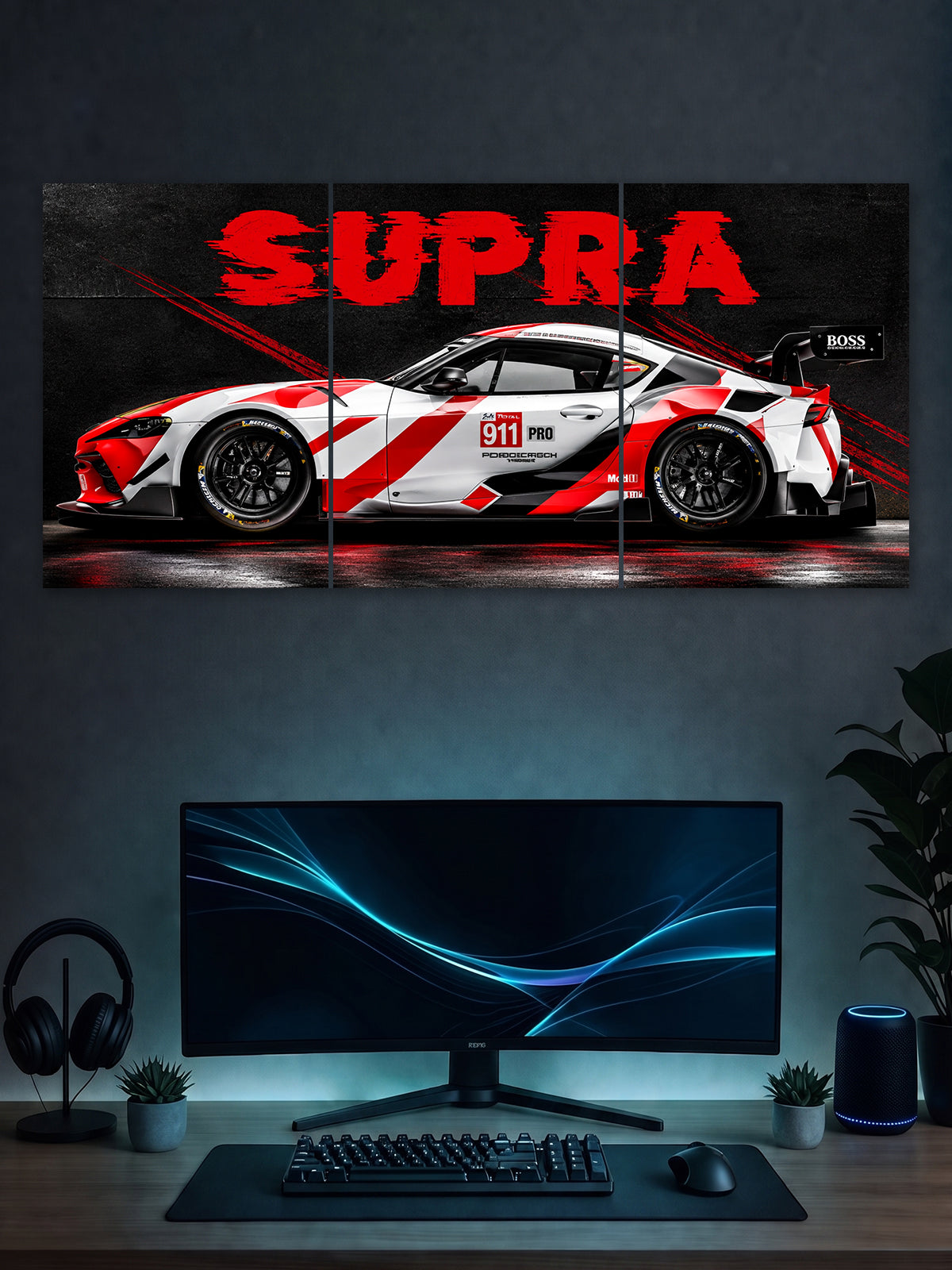 Toyota Supra GT Racing Split Poster – Red & White Sports Car Wall Art | SHDW.STICK