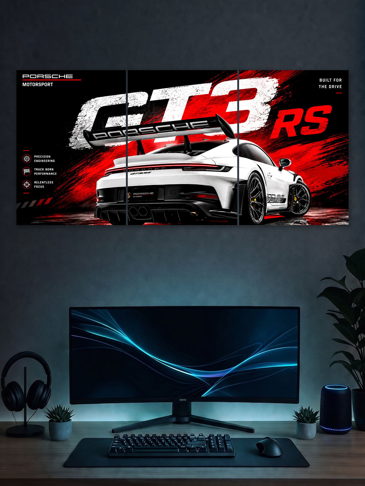 Porsche 911 GT3 RS Split Poster – White Sports Car Wall Art | SHDW.STICK