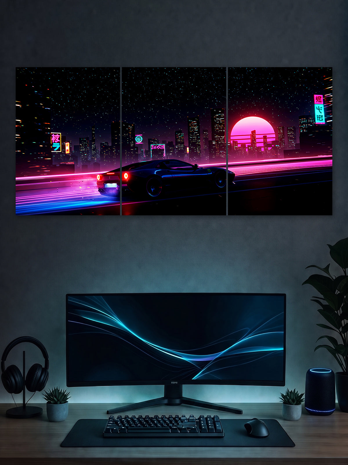 Cyberpunk Neon Car Split Poster – Synthwave City Wall Art | SHDW.STICK