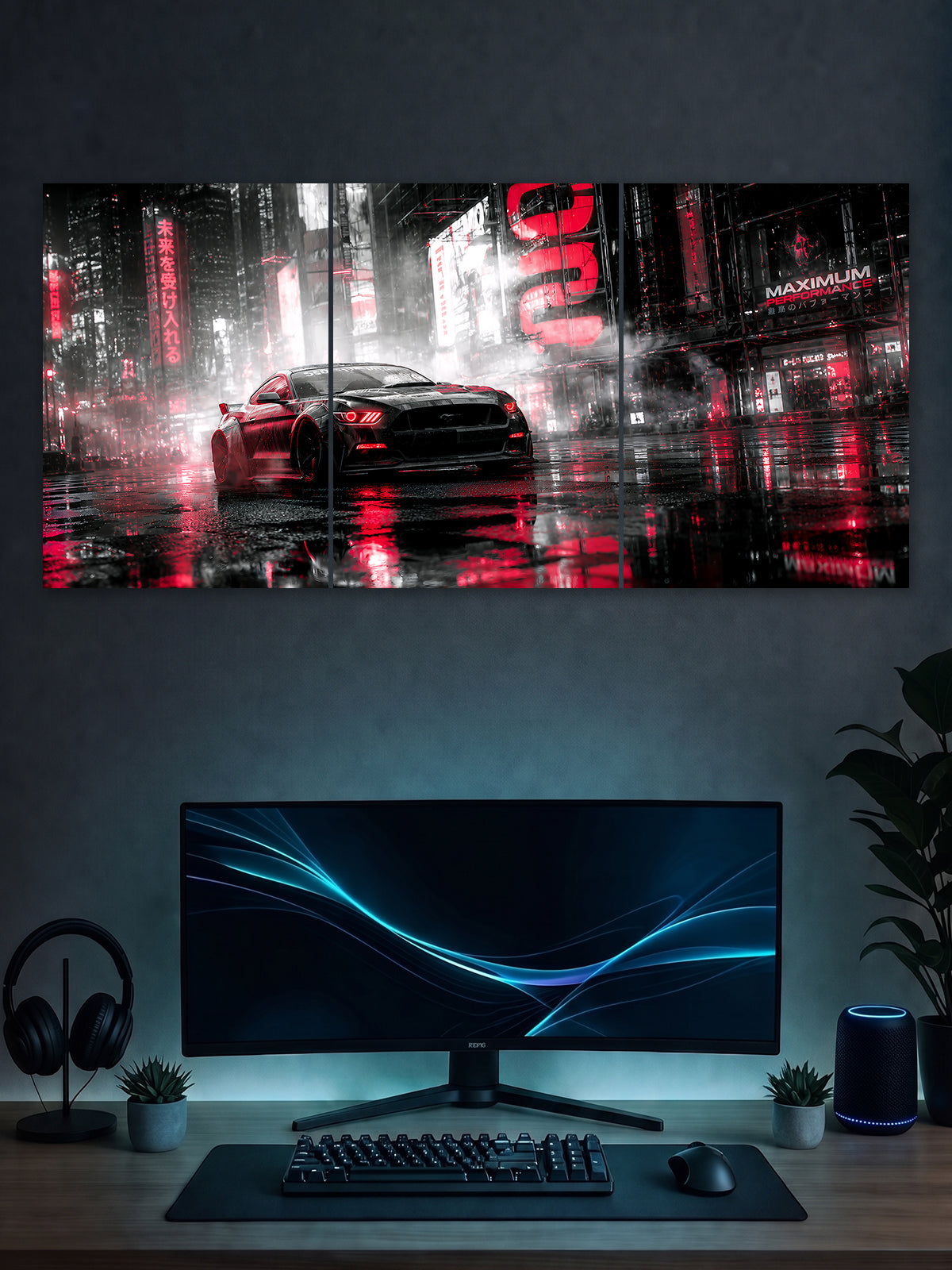 Red Neon Mustang Split Poster – Cyberpunk Sports Car Wall Art | SHDW.STICK