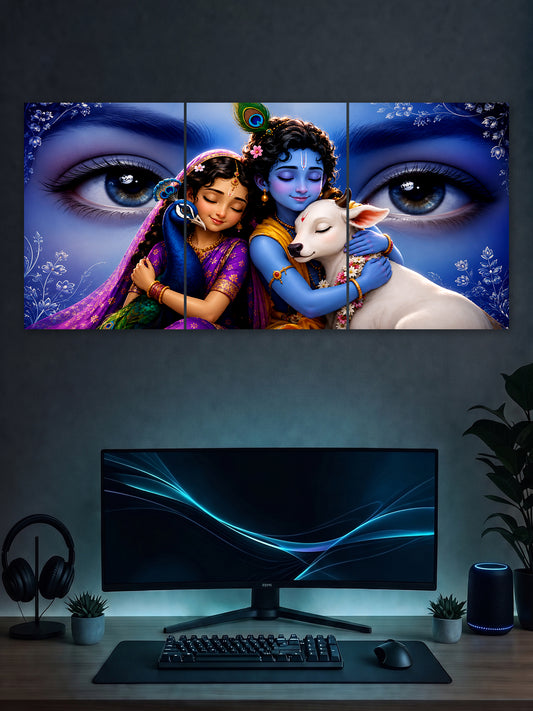 Radha Krishna 3-panel split wall poster featuring Radha, Krishna and a white cow with large divine eyes in a blue floral background