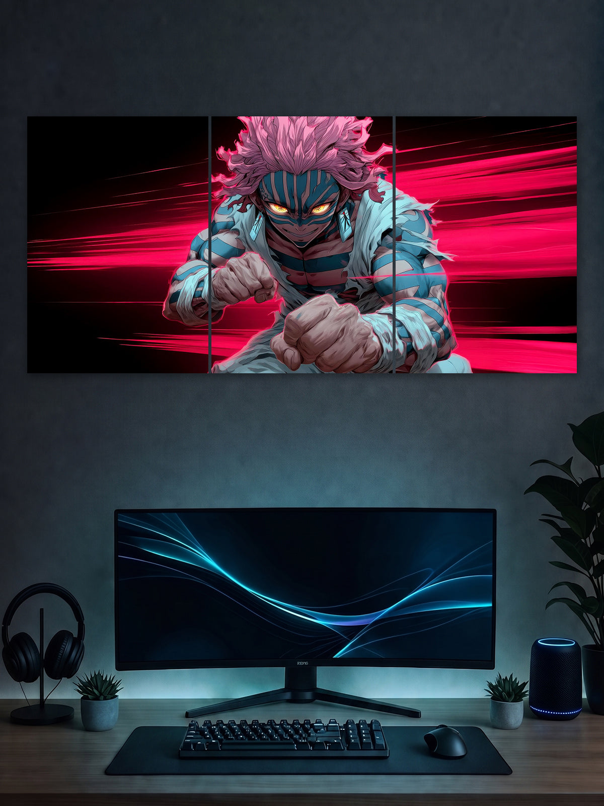 SHDW.STICK Akaza Anime Split Poster – Demon Slayer Pink & Blue Wall Art