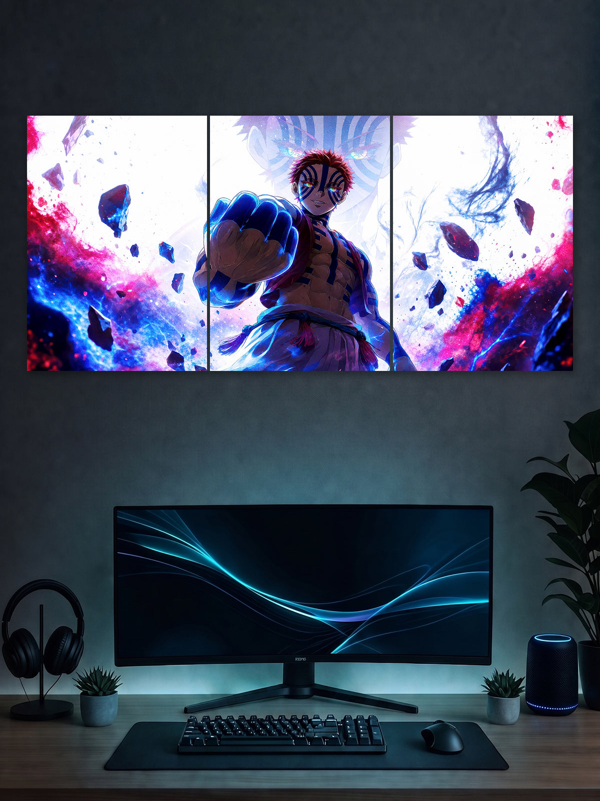 SHDW.STICK Akaza Anime Split Poster – Demon Slayer Blue & Purple Wall Art