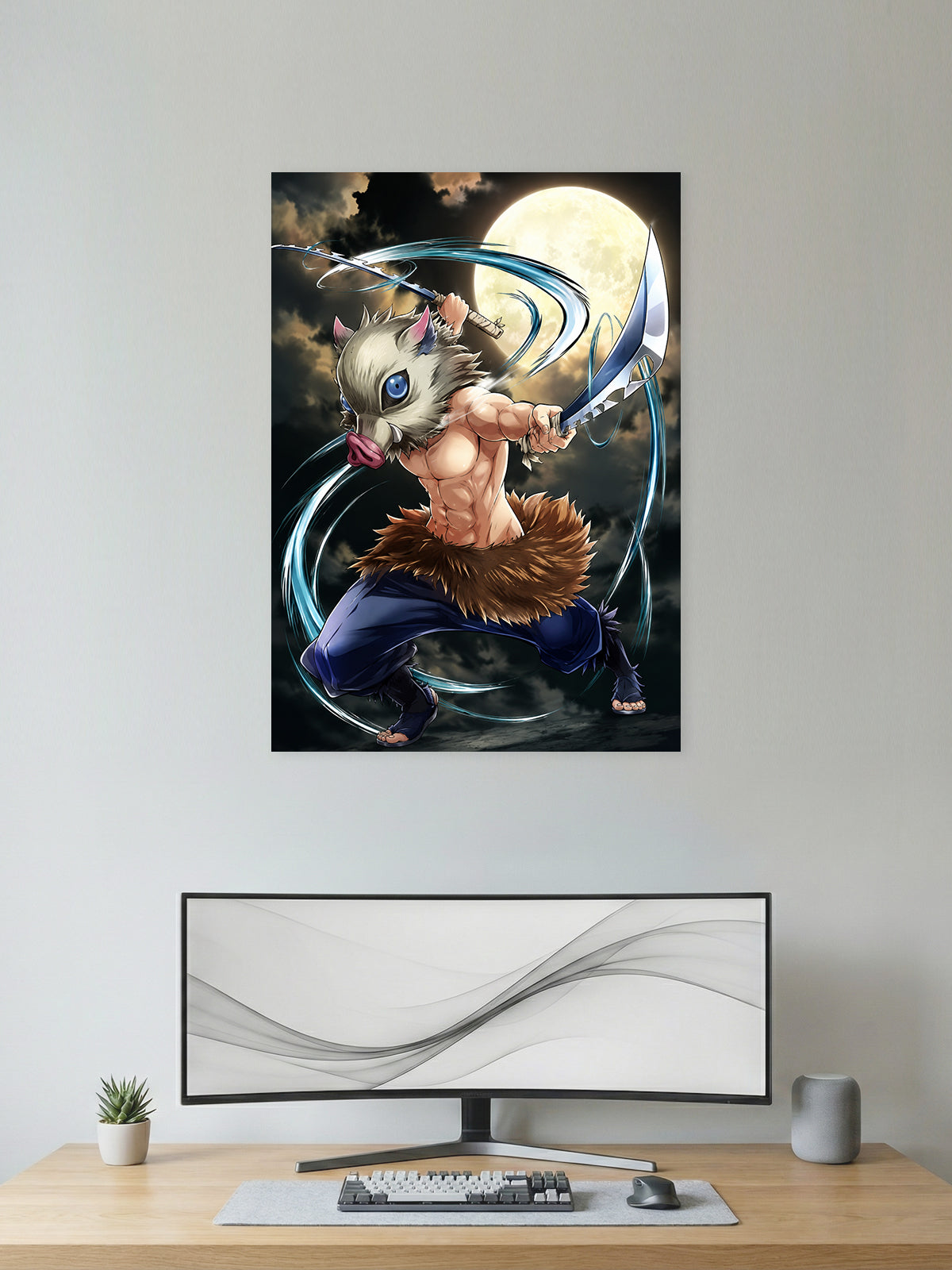 Inosuke Hashibira Demon Slayer anime wall poster featuring Beast Breathing artwork with premium HD print for bedroom, gaming room, office, and anime room decor.
