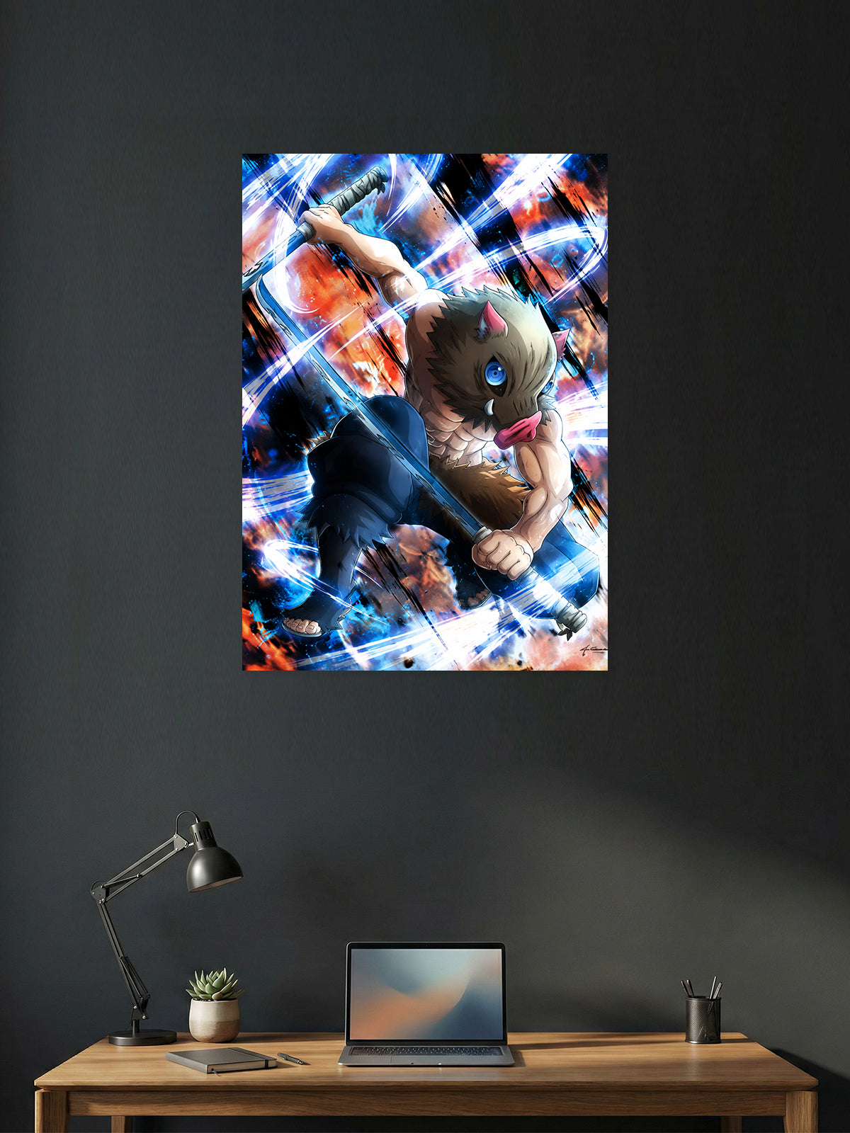 Inosuke Hashibira Demon Slayer anime wall poster featuring dual Nichirin blades and Beast Breathing artwork with premium HD print for bedroom, gaming room, office, and anime room decor.