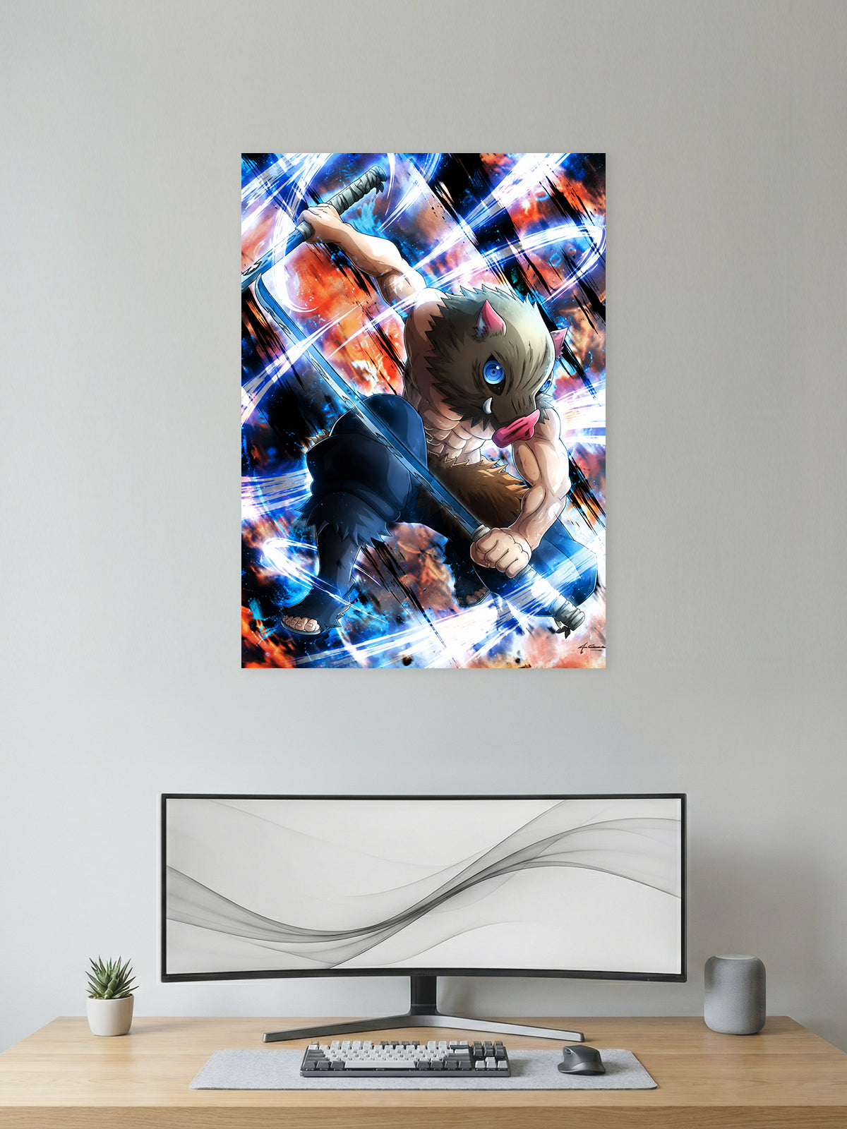 Inosuke Hashibira Demon Slayer anime wall poster featuring dual Nichirin blades and Beast Breathing artwork with premium HD print for bedroom, gaming room, office, and anime room decor.