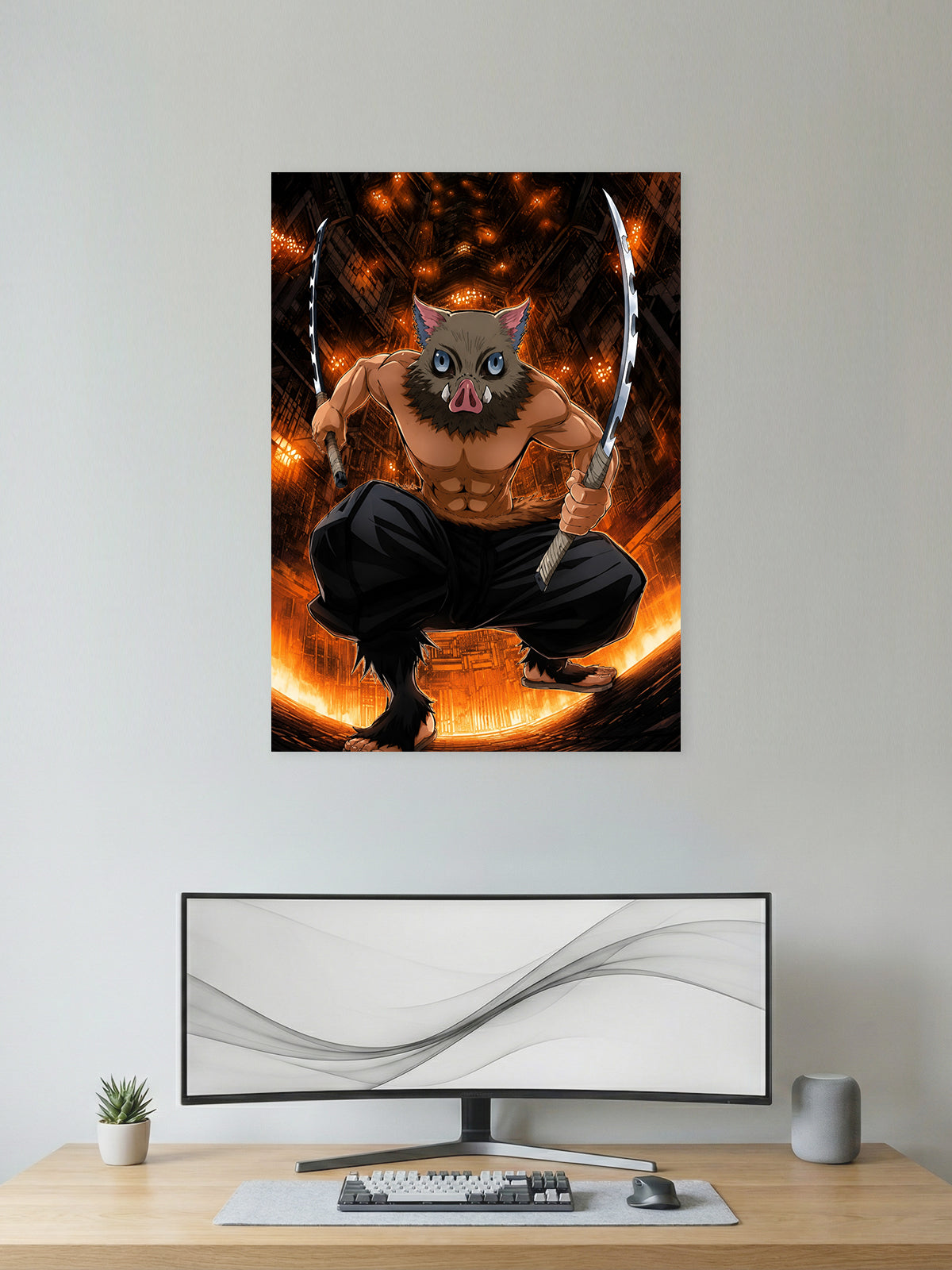 Inosuke Hashibira Beast Breathing Demon Slayer anime wall poster featuring dual Nichirin blades with premium HD artwork for bedroom, gaming room, office, and anime room decor.