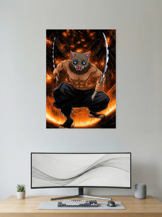 Inosuke Hashibira Beast Breathing Demon Slayer anime wall poster featuring dual Nichirin blades with premium HD artwork for bedroom, gaming room, office, and anime room decor.
