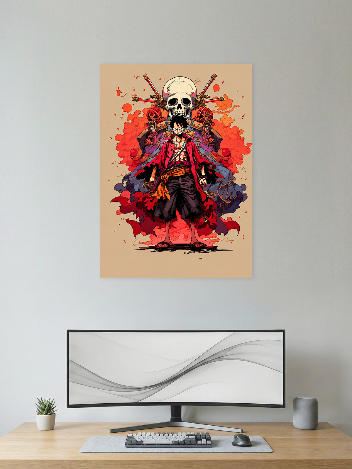 Monkey D. Luffy One Piece anime wall poster featuring Pirate King inspired HD artwork for bedroom, gaming room, office, and anime room decor.