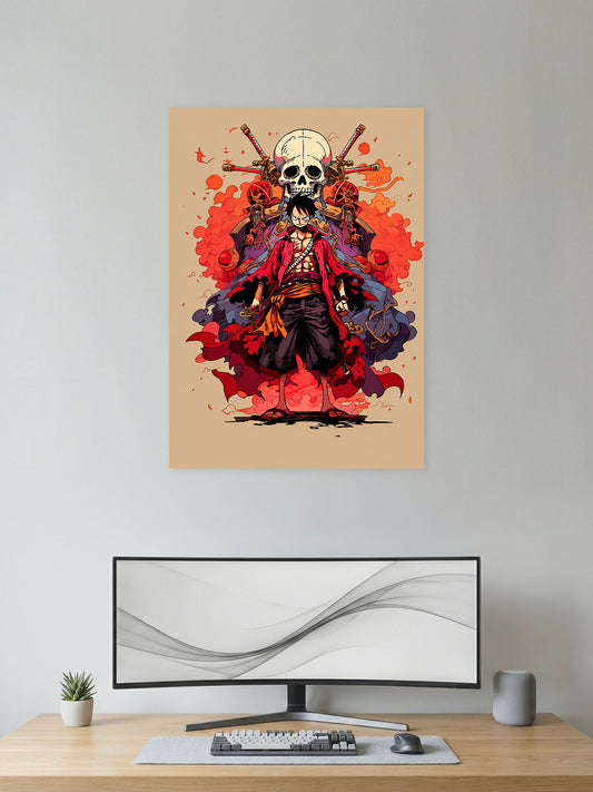 Monkey D. Luffy One Piece anime wall poster featuring Pirate King inspired HD artwork for bedroom, gaming room, office, and anime room decor.