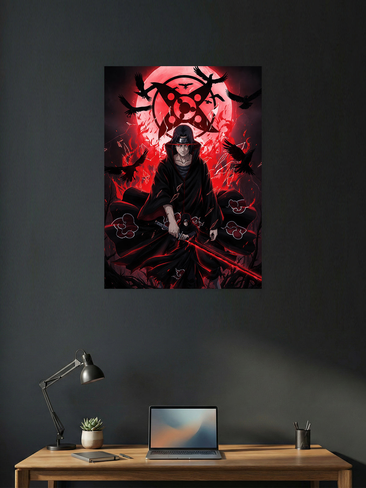 Itachi Uchiha Sharingan Naruto Shippuden anime wall poster featuring Akatsuki cloak, crows, and premium HD artwork for bedroom, gaming room, office, and anime room decor.