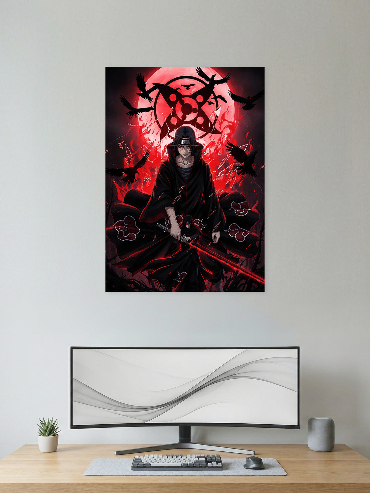 Itachi Uchiha Sharingan Naruto Shippuden anime wall poster featuring Akatsuki cloak, crows, and premium HD artwork for bedroom, gaming room, office, and anime room decor.