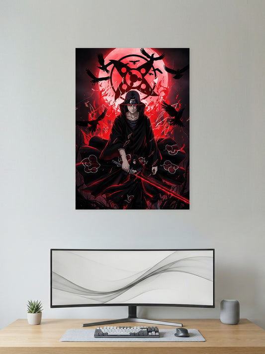 Itachi Uchiha Sharingan Naruto Shippuden anime wall poster featuring Akatsuki cloak, crows, and premium HD artwork for bedroom, gaming room, office, and anime room decor.