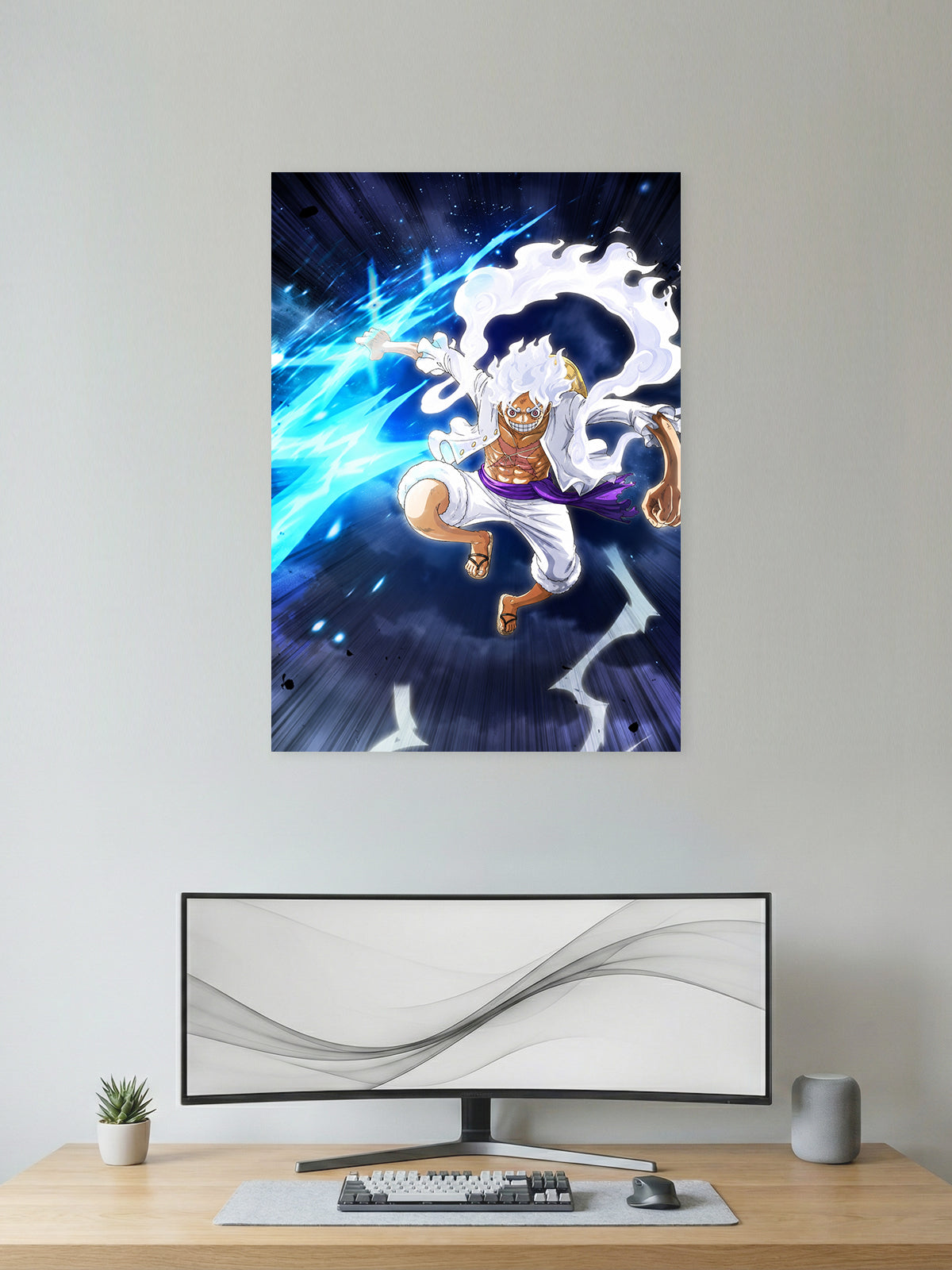 Gear 5 Monkey D. Luffy One Piece anime wall poster featuring Sun God Nika transformation with premium HD artwork for bedroom, gaming room, office, and anime room decor.